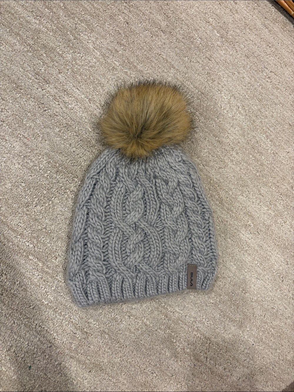 Bula Cable Knit Beanie with Faux Fur Pom - Light Gray